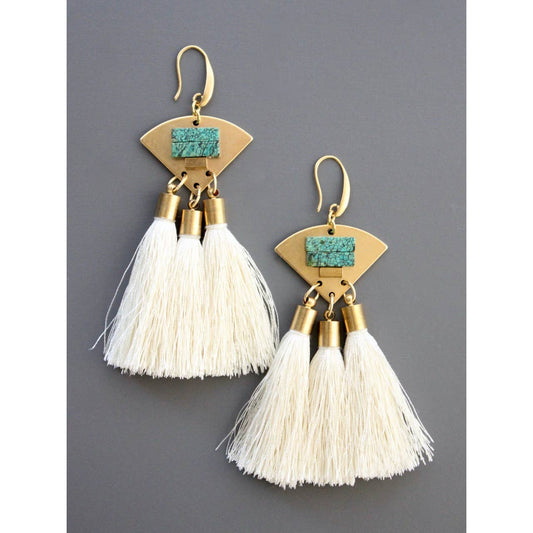 Turquoise stone and white silk tassel earrings