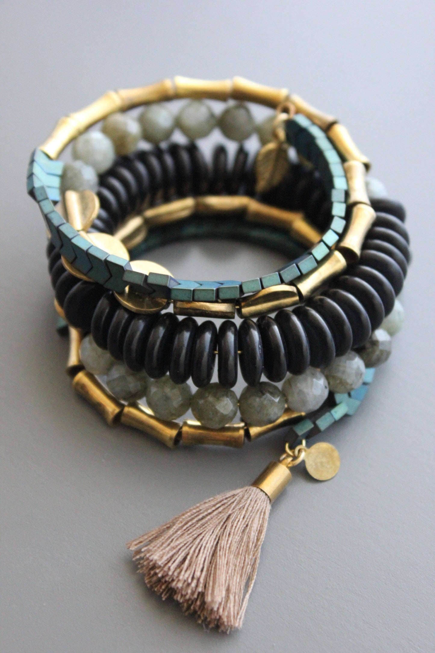 TLDB05 Black stone and green hematite wrap bracelet