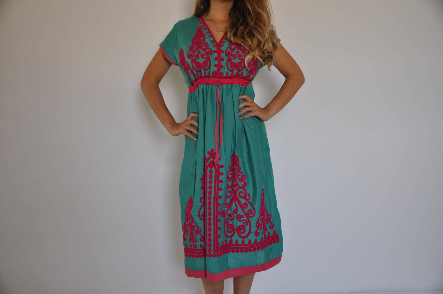 Turquoise Tunic Embroidered Kaftan Dress