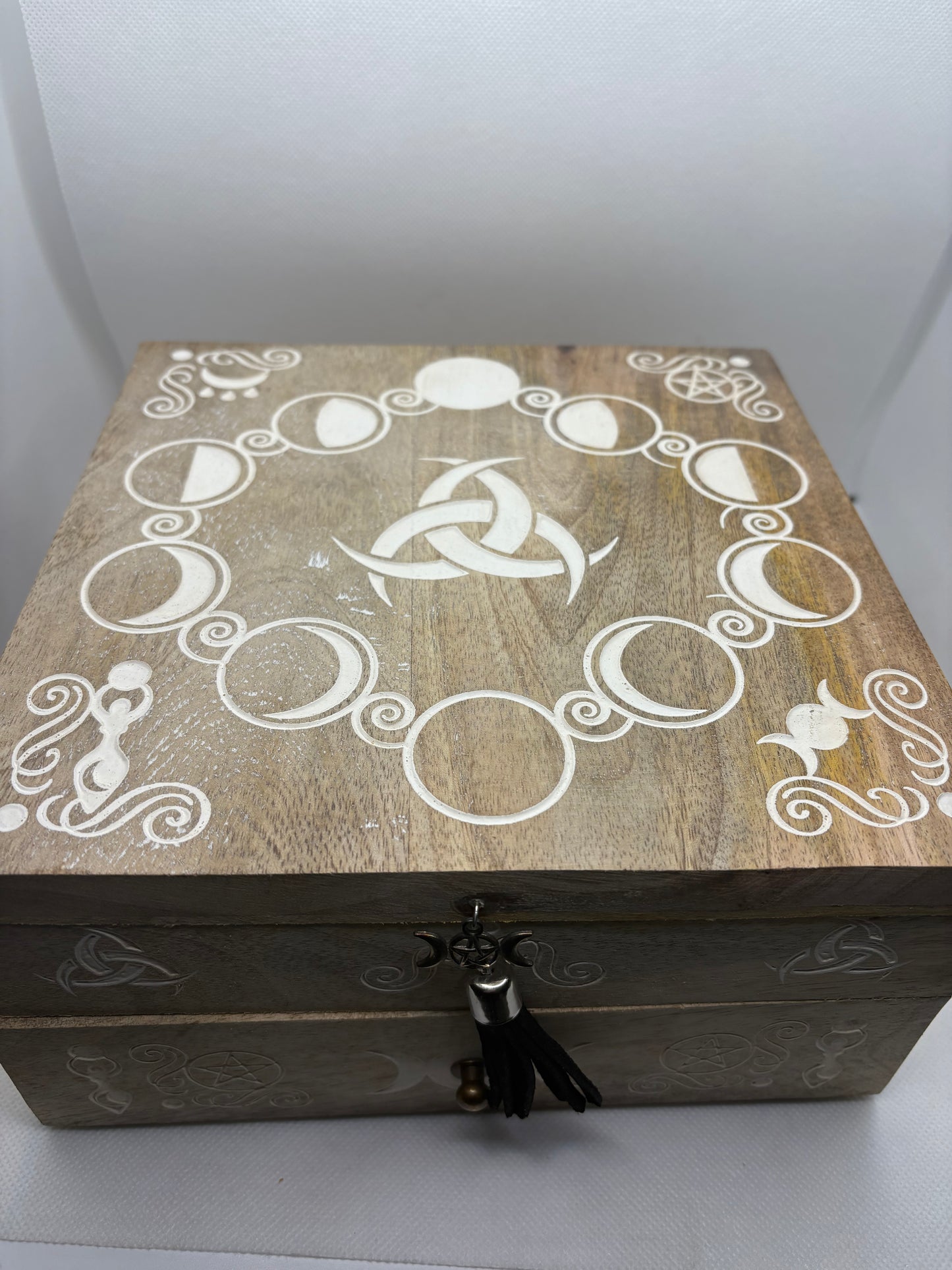 Wood Carved Box with Moon Phases