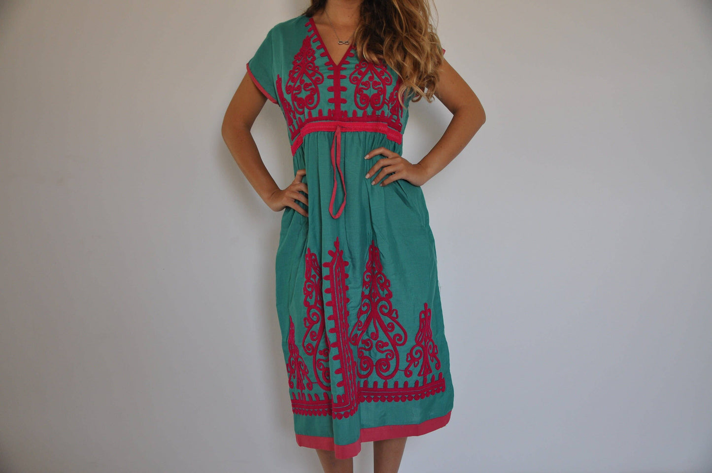 Turquoise Tunic Embroidered Kaftan Dress