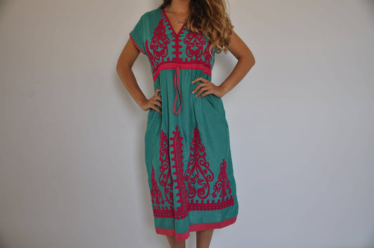 Turquoise Tunic Embroidered Kaftan Dress