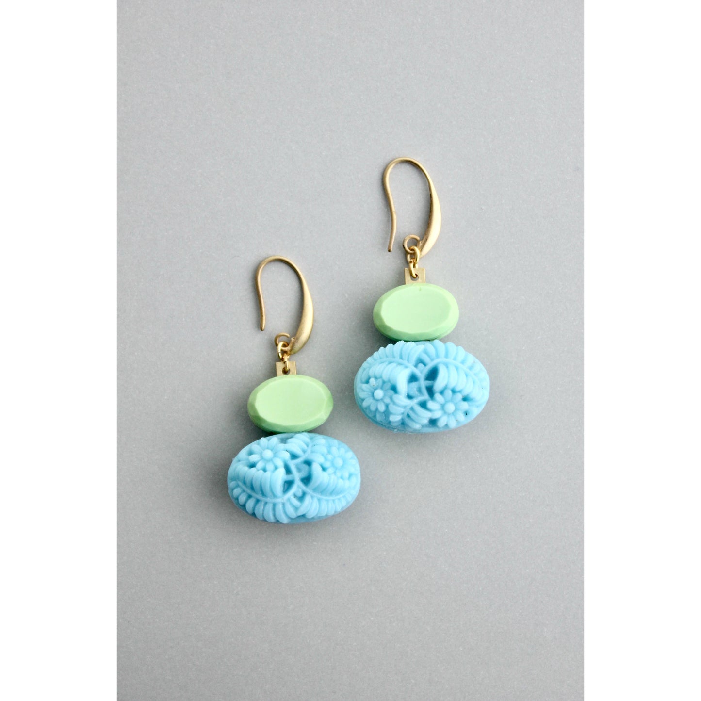 Vintage Blue & Mint Glass Dangle Earrings, Gold Plated Hook