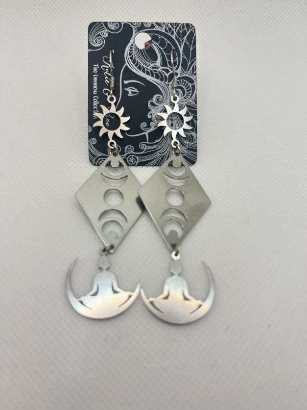 Moon Phase Triangle and Woman in Crescent Moon Earrings